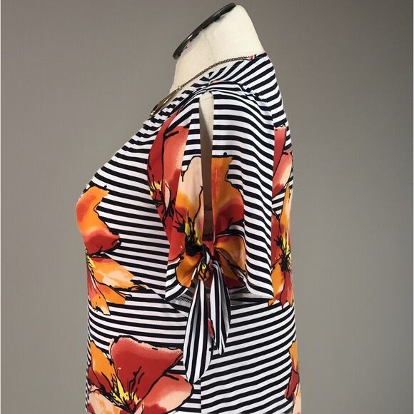 Perceptions Boho Dress Womens 8 Black Floral/Stripe Stretch Lightweight 3/4 SLV - Picture 2 of 10